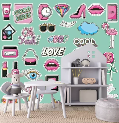 Sticker Kleurrijke roze afbeeldingen op een turquoise achtergrond