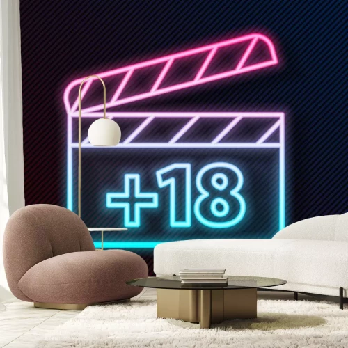 Sticker Glowing neon line Movie clapper with 18 plus content icon isolated on black background. Age restriction symbol. Adult channel. Vector Illustration