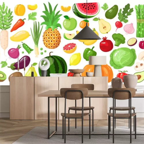 Sticker Cartoon fruits and vegetables. Vegan lifestyle food, organic nutrition vegetable and fruit, avocado, asparagus and mango vector illustration set. Watermelon and pineapple, apple and banana, kiwi fruit