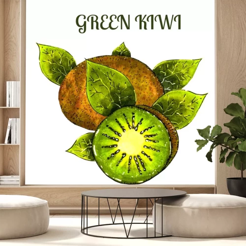 Sticker Green kiwi fruit with slice isolated on white. Realistic hand drawn kiwi fruit .