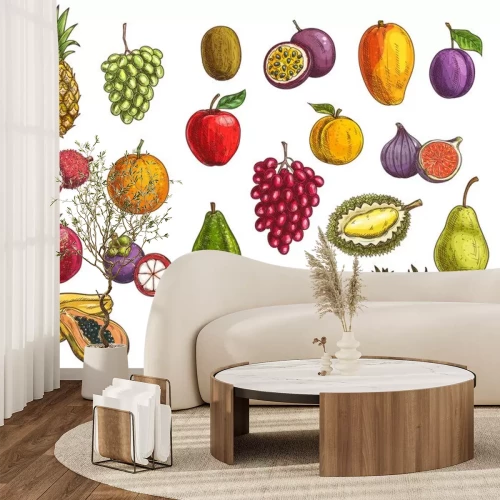 Sticker Fruit and berry vector sketches with isolated exotic and garden food. Mango, papaya, grapes and apple, orange, pear, plum and durian, peach, fig, kiwi and avocado, carambola, feijoa and mangosteen