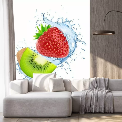 Sticker Composition with kiwi and strawberry in water splashes isolated on white background.
