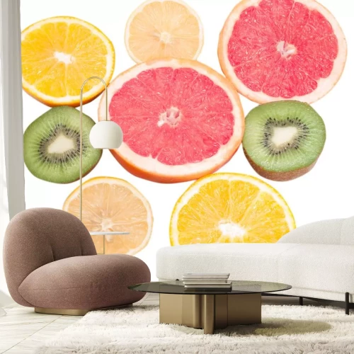 Sticker sliced oranges grapefruits kiwi lemons isolated on white