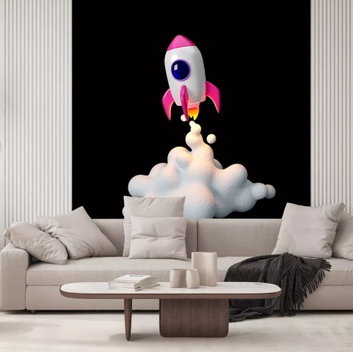 Sticker 3D-kosmosraket die cartoonafbeeldingen opstijgt