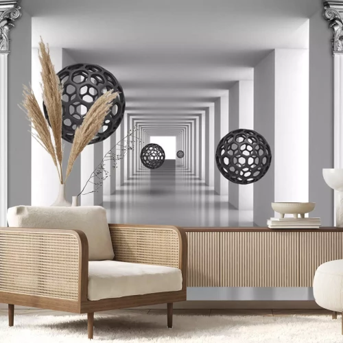 Sticker 3d opengewerkte ballen in een lange gang