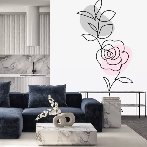 Sticker One line drawing. Ornament with garden rose and leaves. Hand drawn sketch. Vector illustration.