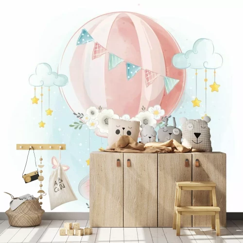 Sticker Kleine olifanten vliegen in een ballon