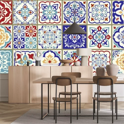 Sticker Collection of 18 ceramic tiles in turkish style. Seamless colorful patchwork from Azulejo tiles. Portuguese and Spain decor. Islam, Arabic, Indian, Ottoman motif. Vector Hand drawn background