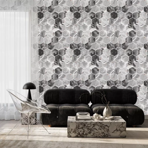 Behang Zeshoekig grijs marmer
