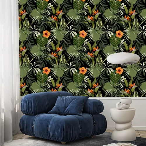 Behang Tropische achtergrond met planten en palmbladeren