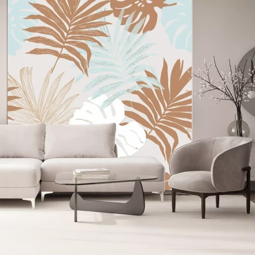 Fotobehang Minimal tropical art seamless pattern. Monstera and palm leaves silhouettes, line art background