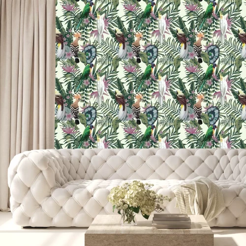 Behang Tropical birds plants leaves flowers abstract color seamless background