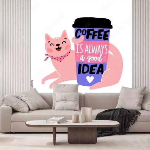 Sticker Kat met een kopje koffie