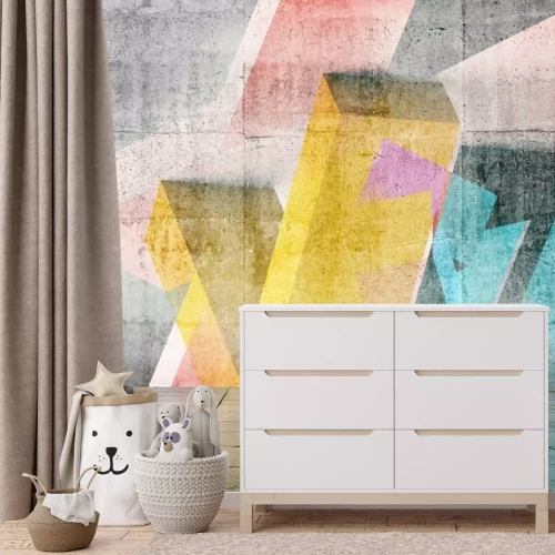 Fotobehang Empty room with colorful geometric graffiti, 3d