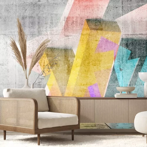 Fotobehang Empty room with colorful geometric graffiti, 3d