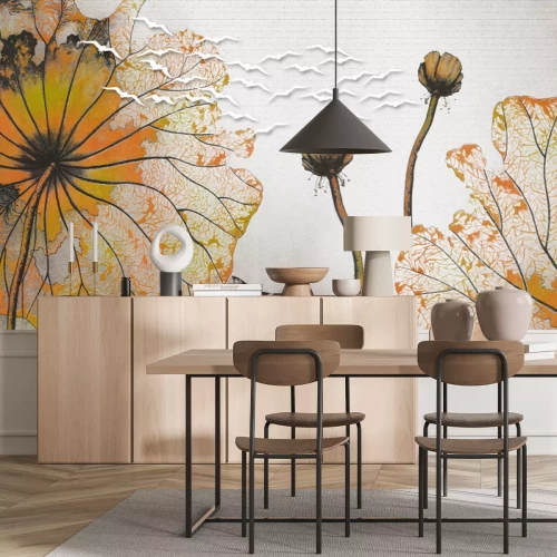 Fotobehang Abstracte klaprozen en silhouetten van witte vogels