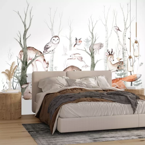 Fotobehang Bosdieren tussen de bomen: vos, hert, uil en beer