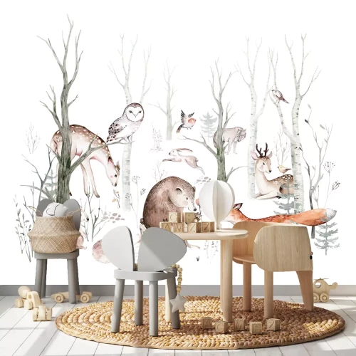 Fotobehang Bosdieren tussen de bomen: vos, hert, uil en beer