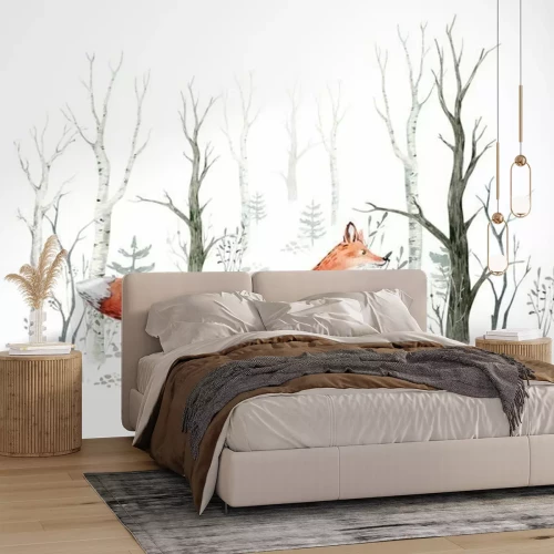 Fotobehang Een vos in het bos op een aquarelillustratie