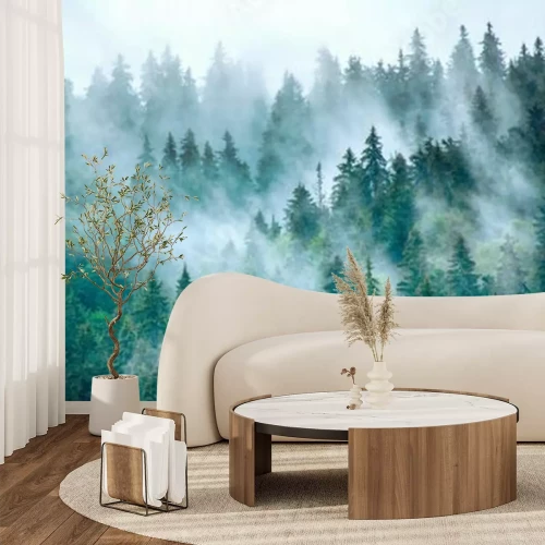 Fotobehang Mystiek landschap van een dennenbos in de mist