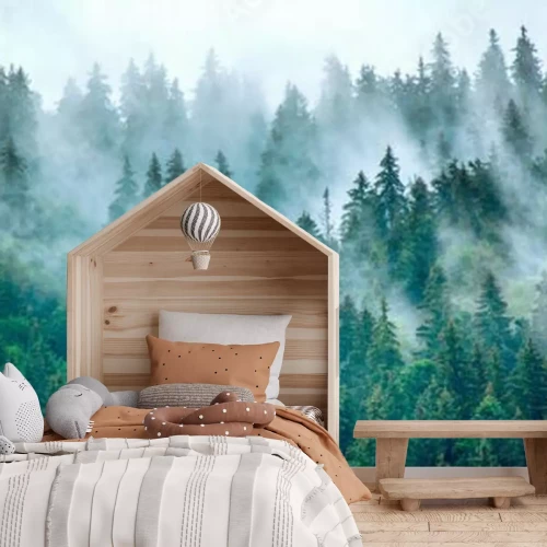 Fotobehang Mystiek landschap van een dennenbos in de mist