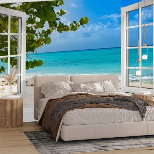 Fotobehang Open raam met uitzicht op een paradijselijk strand