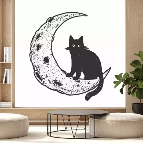 Sticker Cartoon cat on Moon sketch engraving vector illustration. T-shirt apparel print design. Scratch board imitation. Black and white hand drawn image.