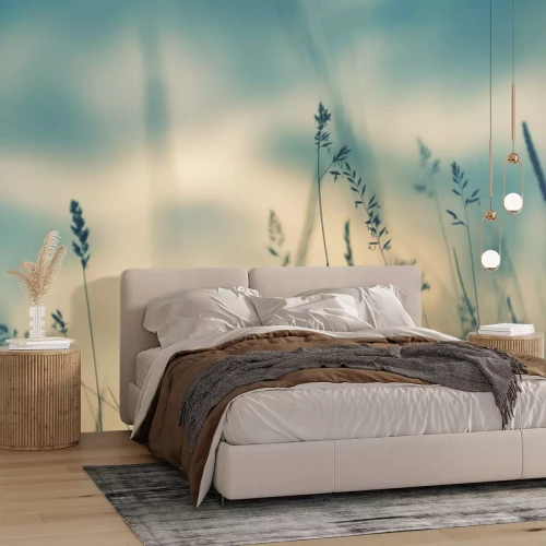 Fotobehang Wild gras in een weide bij zonsondergang