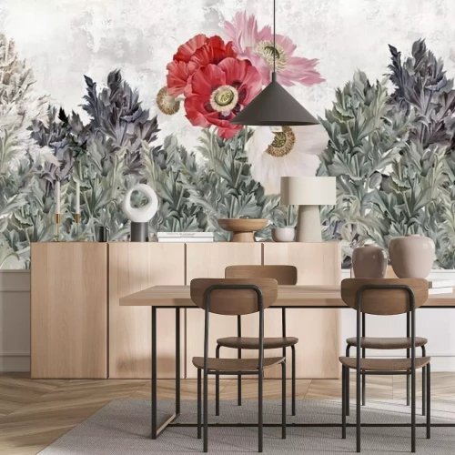 Fotobehang Klaprozen muurschildering op de muur