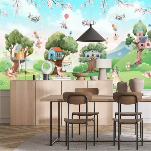 Fotobehang Een sprookjesland met dieren en boomhutten