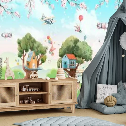 Fotobehang Een sprookjesland met dieren en boomhutten