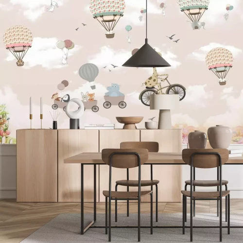 Fotobehang Een giraf op een fiets en ballonnen met dieren op een roze achtergrond.