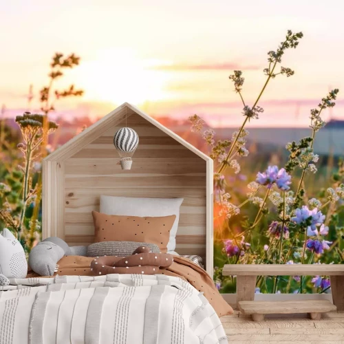 Fotobehang Zonsondergang boven een bloemenweide