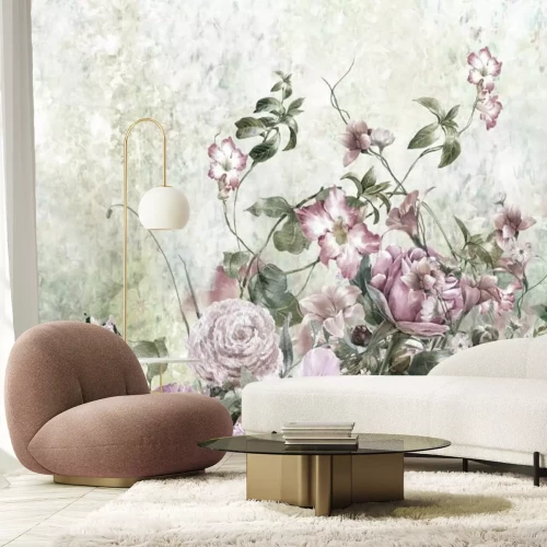 Fotobehang Aquarel schilderij met bloemen in shabby chic stijl