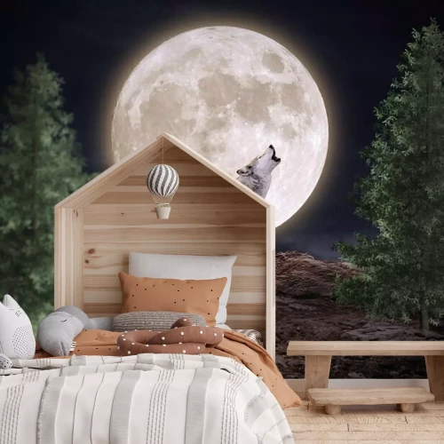 Fotobehang Wolf op achtergrond van de volle maan
