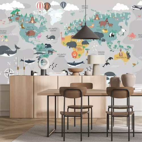Fotobehang Wereldkaart voor kinderen met dieren