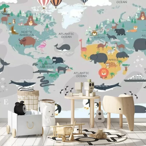 Fotobehang Wereldkaart voor kinderen met dieren