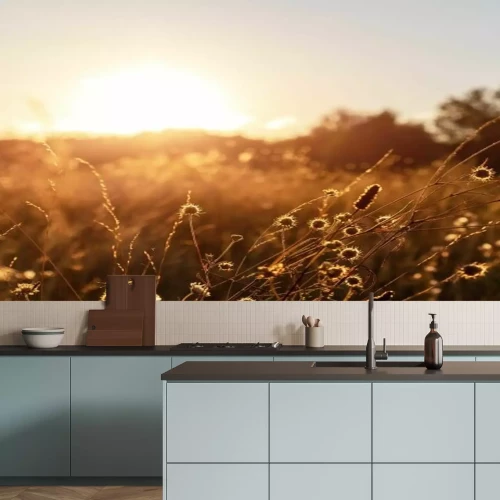 Fotobehang Herfstweide met de ondergaande zon op de achtergrond