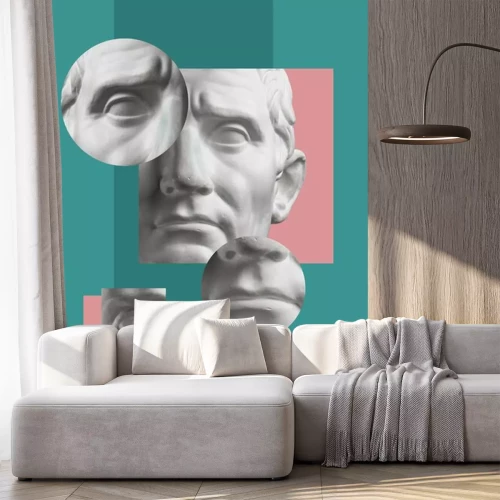 Sticker Collage with plaster antique sculpture of human face in a pop art style. Modern creative concept image with ancient statue head. Zine culture. Contemporary art poster. Funky minimalism. Retro design.