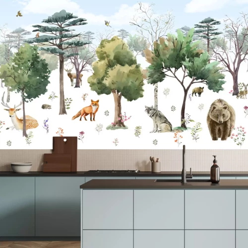 Fotobehang Bosdieren tussen bomen en struiken op een witte achtergrond