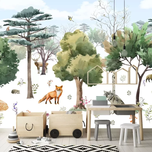 Fotobehang Bosdieren tussen bomen en struiken op een witte achtergrond