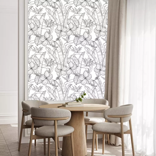 Behang Monochroom tropische vegetatie op een lichte achtergrond