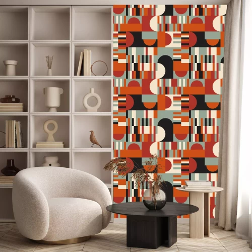 Behang Modern vector abstract seamless geometric pattern with semicircles and circles in retro scandinavian style. Pastel colored simple shapes mosaic background. Bauhaus design inspired background.