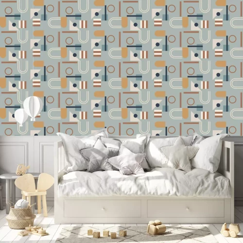 Behang Modern vector abstract  geometric background with circles, rectangles and squares  in retro scandinavian style. Pastel colored simple shapes graphic seamless pattern. Abstract mosaic artwork.