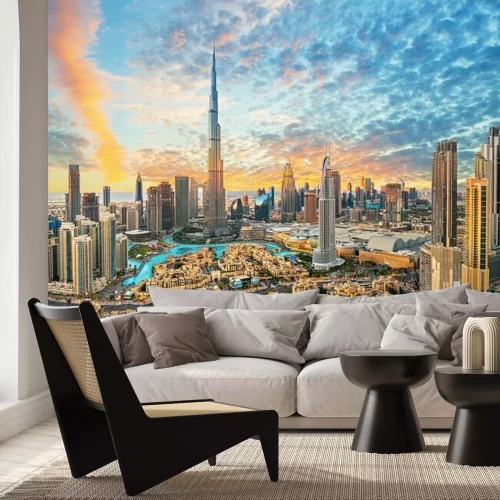 Fotobehang Panoramisch uitzicht op de wolkenkrabbers van Dubai