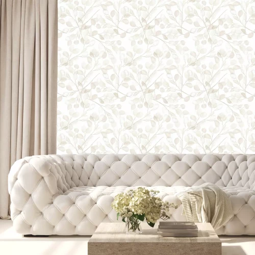 Behang Bladeren aan beige takken