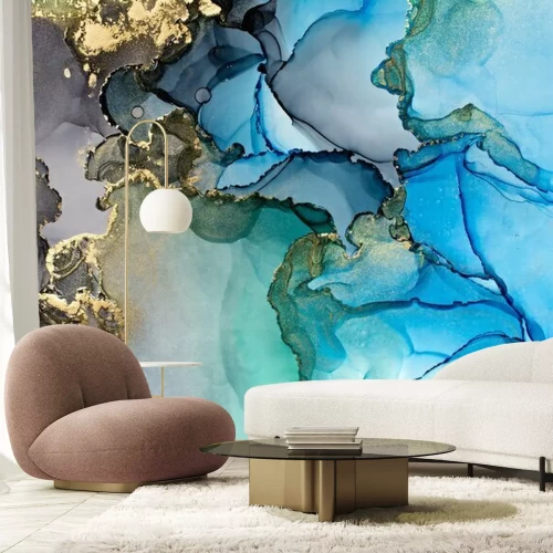 Fotobehang Blauwgrijs marmer met gouden elementen