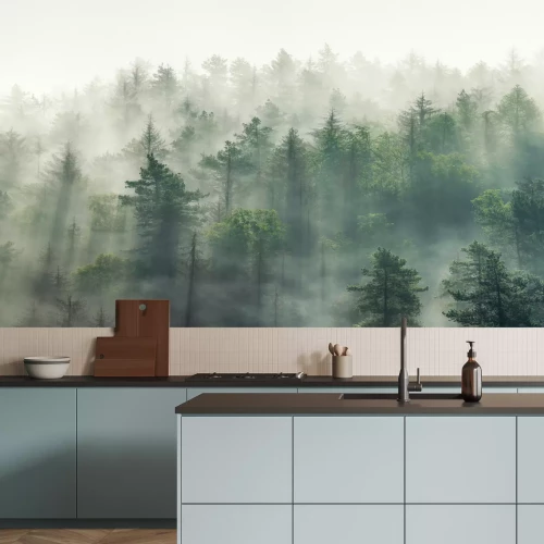 Fotobehang Panoramisch uitzicht op het bos met ochtendmist