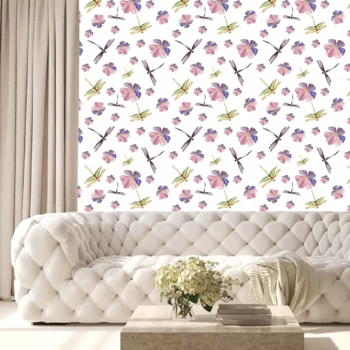 Behang Libellen tussen bloemen