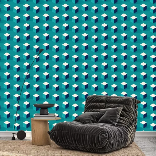 Behang Seamless pattern with cube or box shape on green background in modern dotted texture style